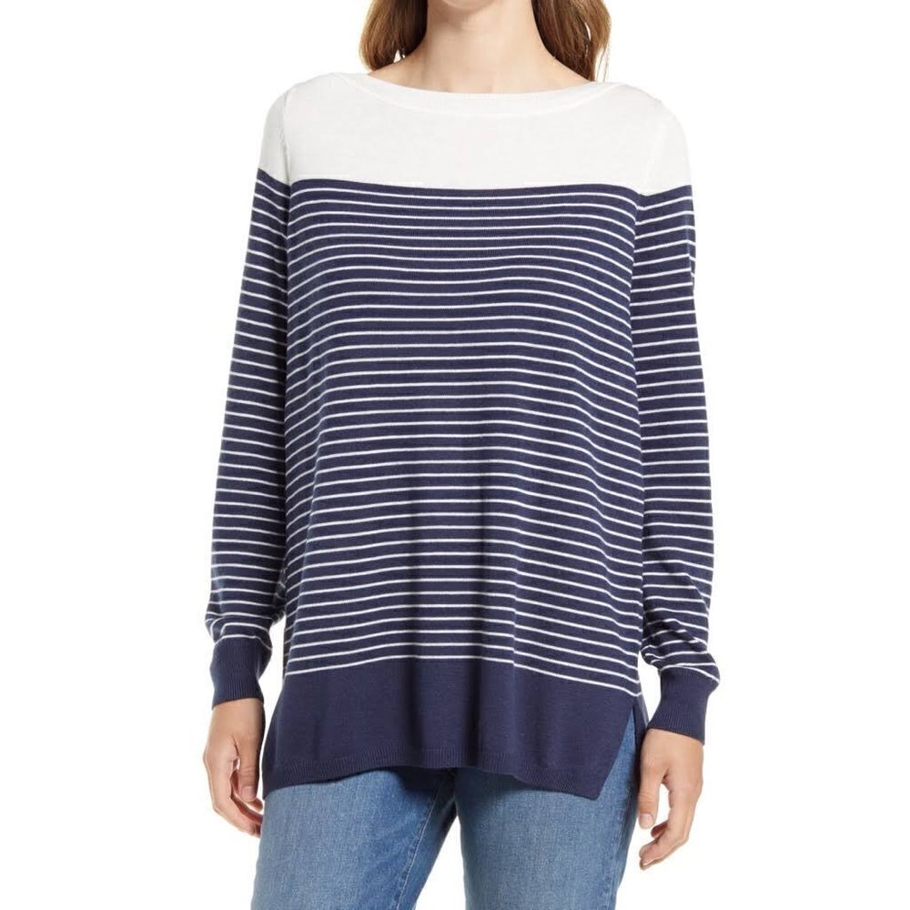 Caslon off-white Navy Blue Stripe Nautical Wide Neck Sweater Lightweight NWT